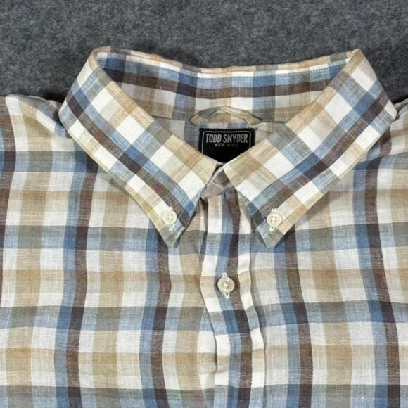 Todd Snyder Mens LS Button Shirt 100% Linen Blue Brown White Check Sz Large Lux - Picture 4 of 12
